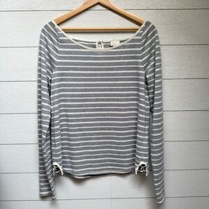 Anthropologie Striped Knit Top Blue Cream Boat Neck Lace Hem Boho Coastal Size L